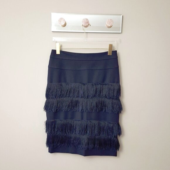 NWOT Eva Franco blue knee length skirt with tiered fringe accent, 10 - Picture 6 of 8